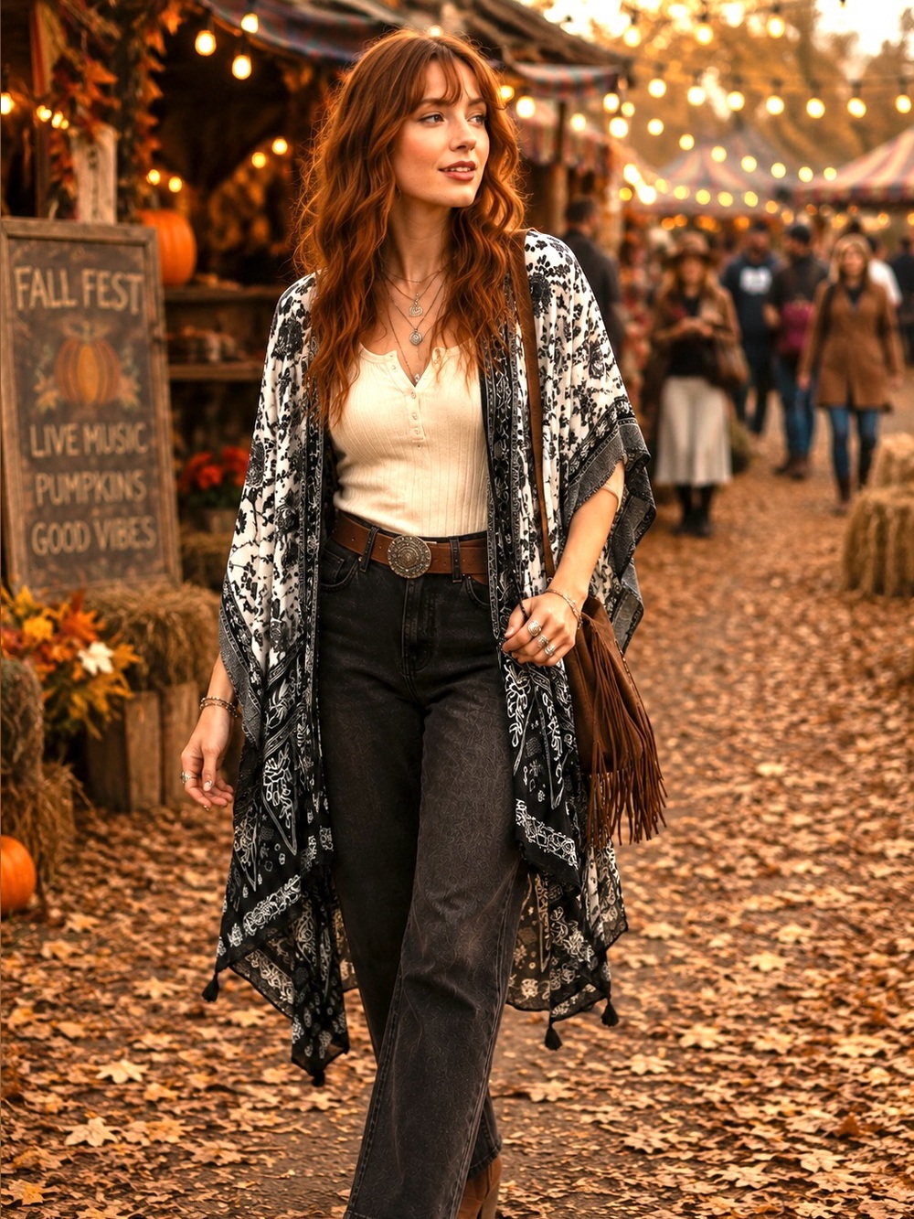 Lucky Brand One Size Black White Floral Kimono Ruana Boho Festival Duster